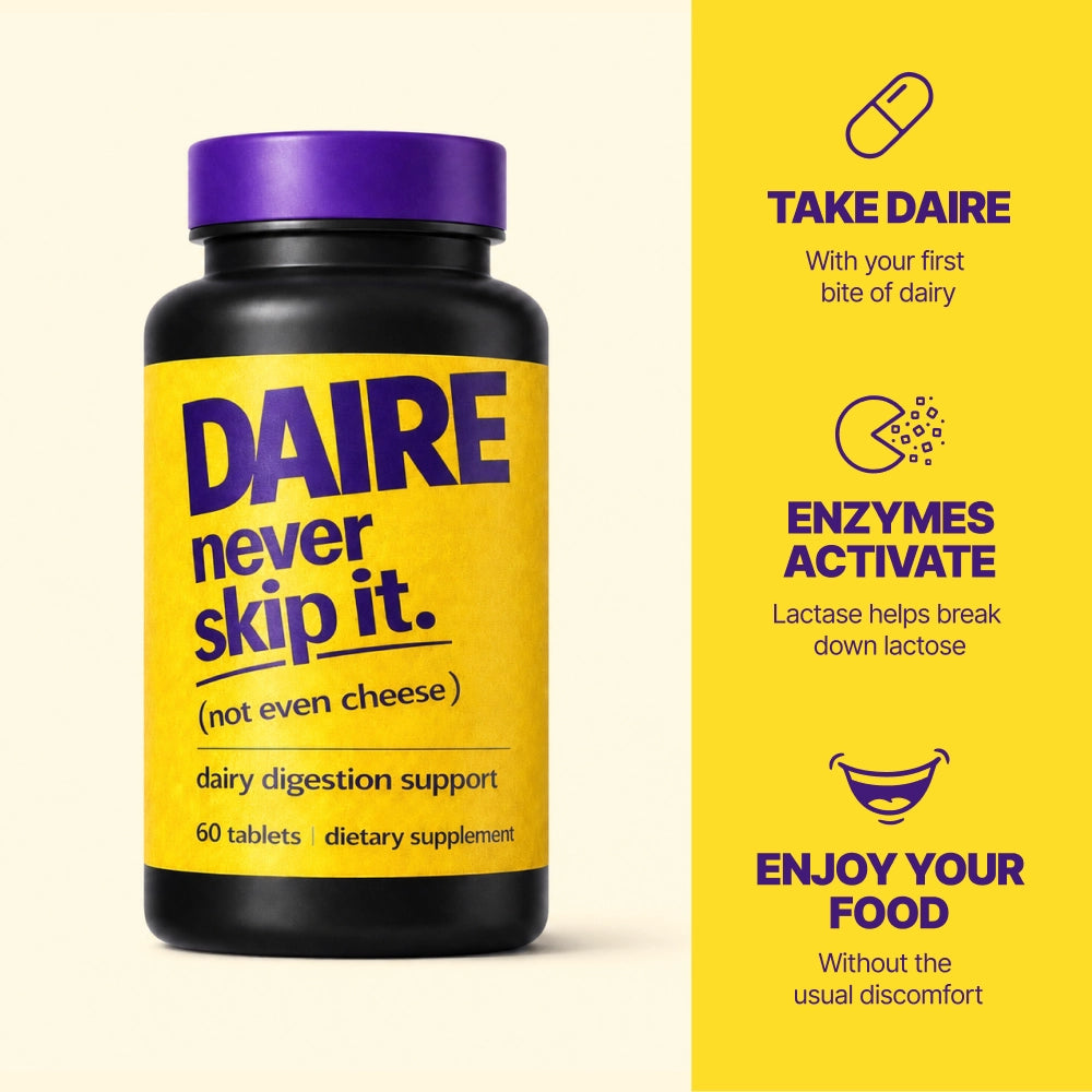 Daire lactase enzyme supplement, 60 tablets — take with first bite of dairy to break down lactose and avoid discomfort
