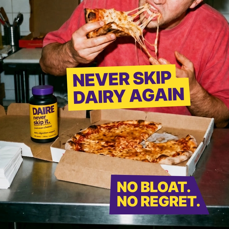 Person eating cheesy pizza next to a Daire dairy digestion supplement bottle — never skip dairy again