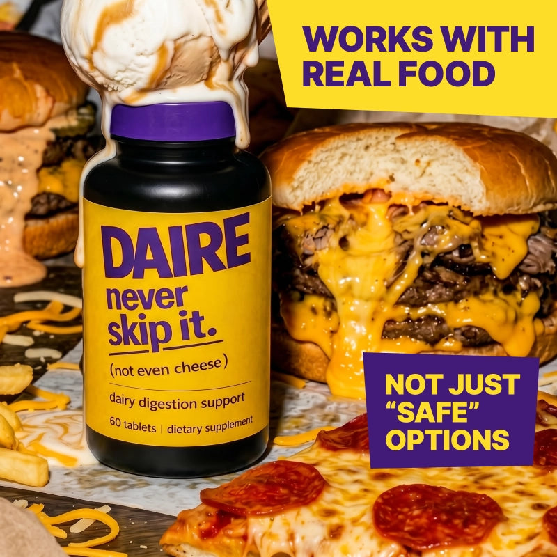 Daire dairy digestion support supplement bottle, 60 tablets, with melting cheeseburger, pizza, and ice cream