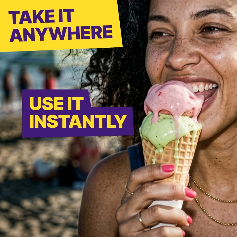 Woman enjoying ice cream cone outdoors — Daire lactase supplement is portable, take it anywhere for on-the-go dairy digestion