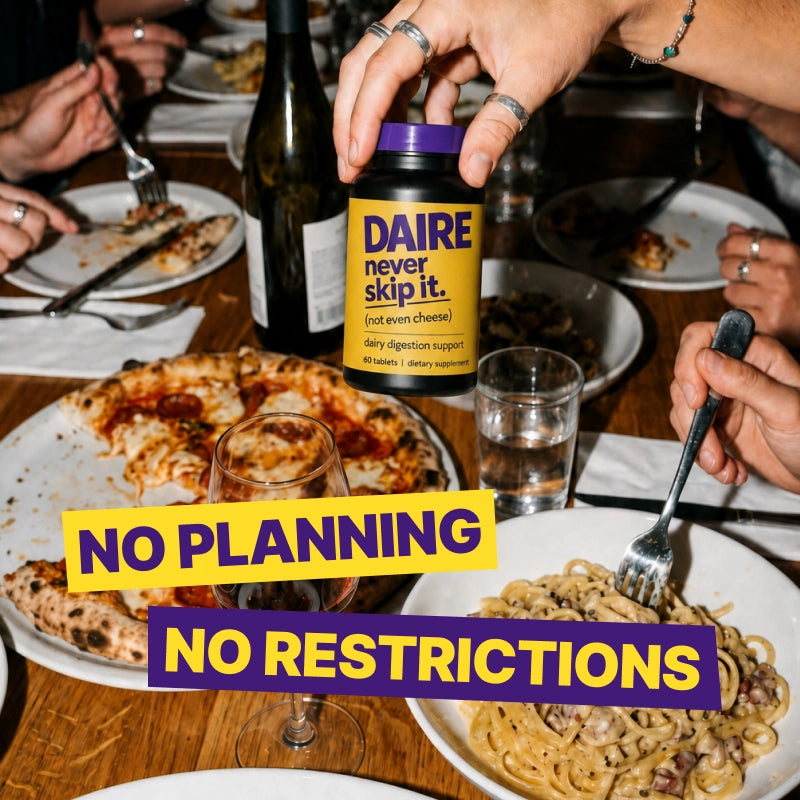 Daire dairy digestion supplement at a group dinner with pizza and pasta — no planning, no restrictions for lactose intolerance
