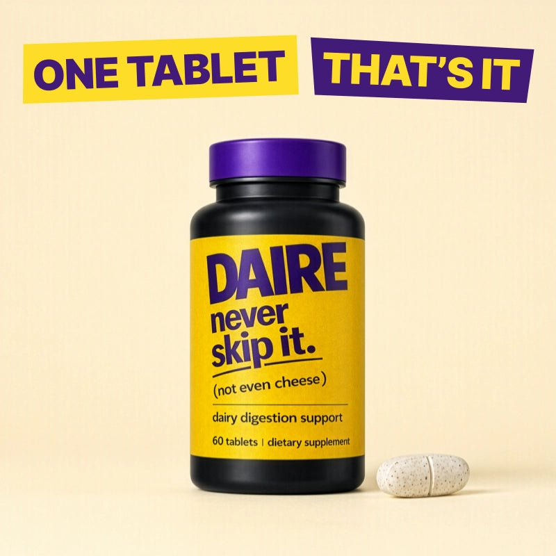 Daire dairy digestion supplement bottle with single tablet — one tablet per serving of dairy, 60 tablets total