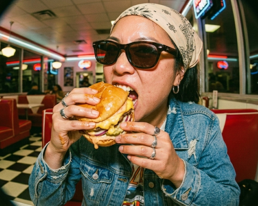 Woman taking a big bite of a cheeseburger at a retro diner — eat real cheese with Daire dairy digestion support